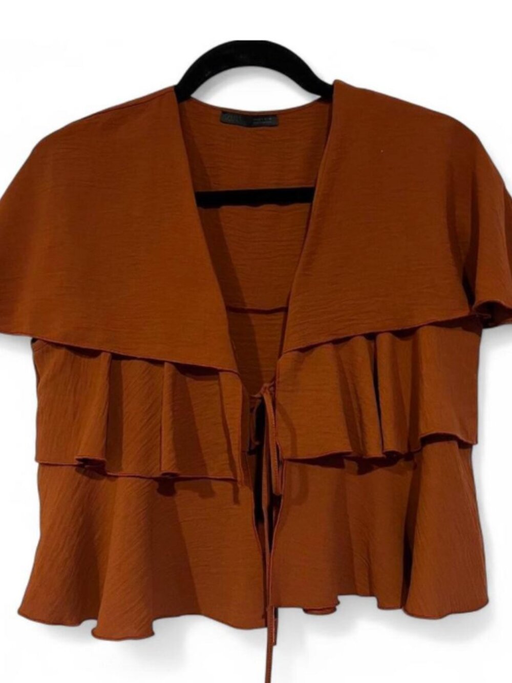 Zara Burnt Orange Tiered Ruffle Tie Front Top Sz S